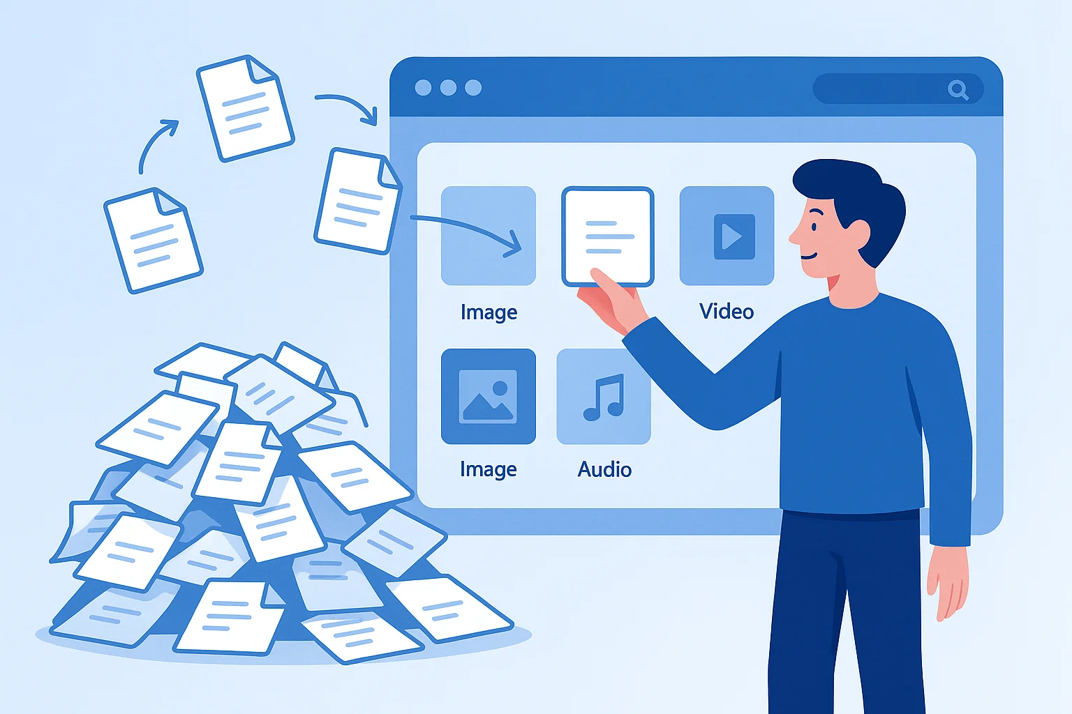 Simple illustration of a person calmly organizing files into