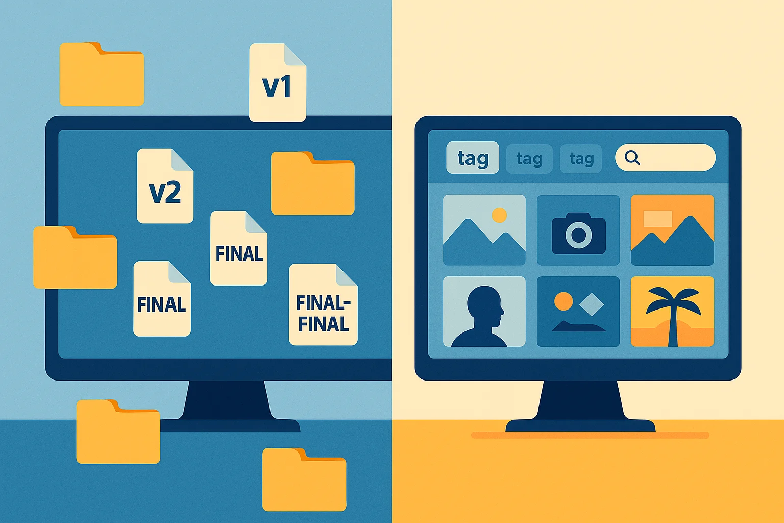 Before and after split screen left side shows a messy deskto