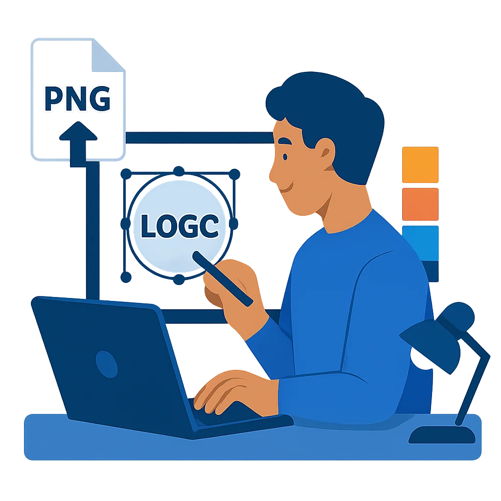 Illustration of a graphic designer working on a logo with a 