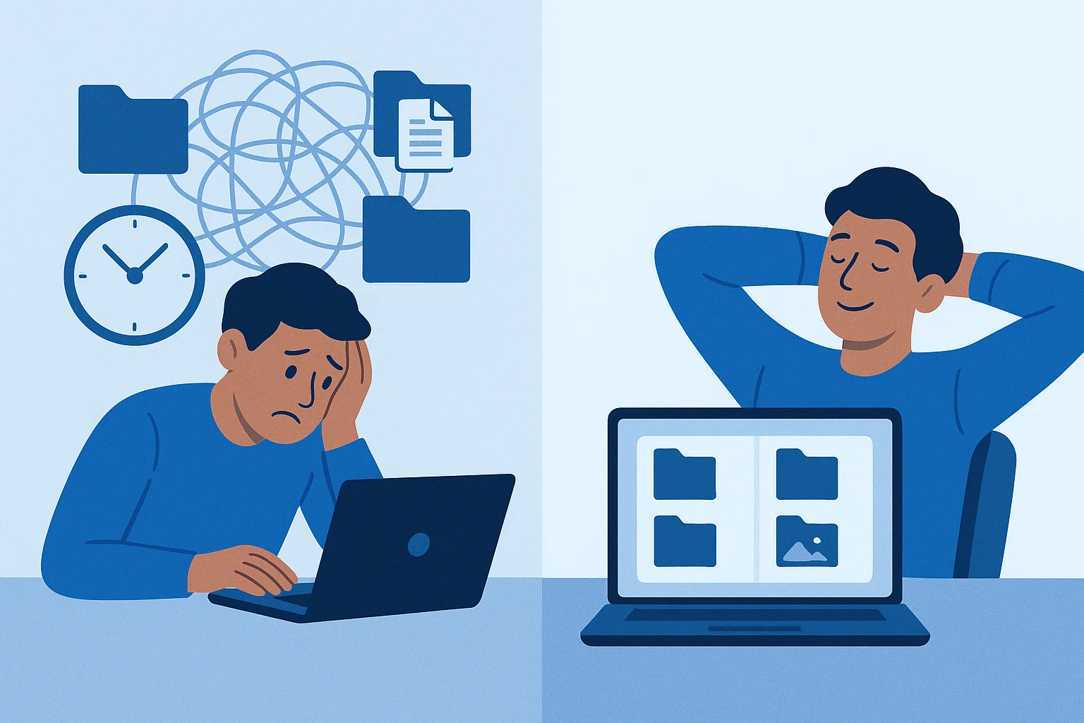 Split illustration left side shows a person overwhelmed at a