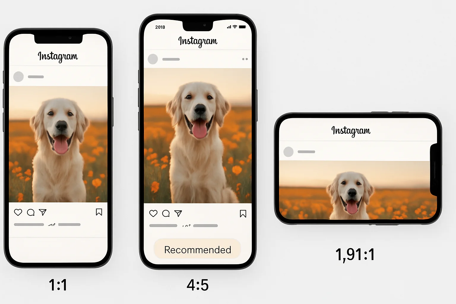 Comparison of Instagram feed post sizes showing 1:1, 4:5, and 1.91:1 aspect ratios on phone screens