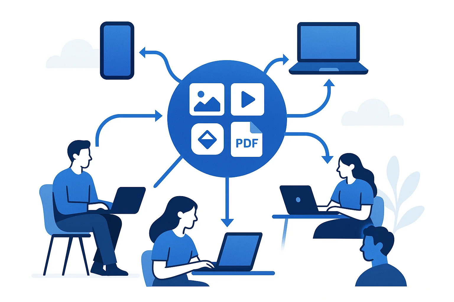 Clean flat illustration showing a central hub connecting to 