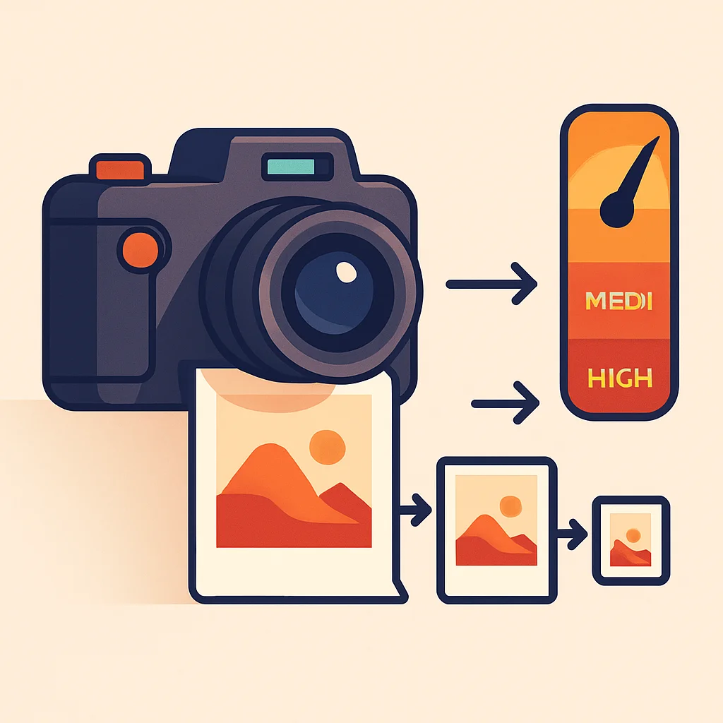 Illustration of a camera outputting a photo that gets compre