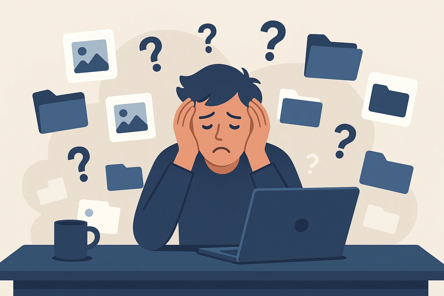 Illustration of a frustrated person at a desk surrounded by 