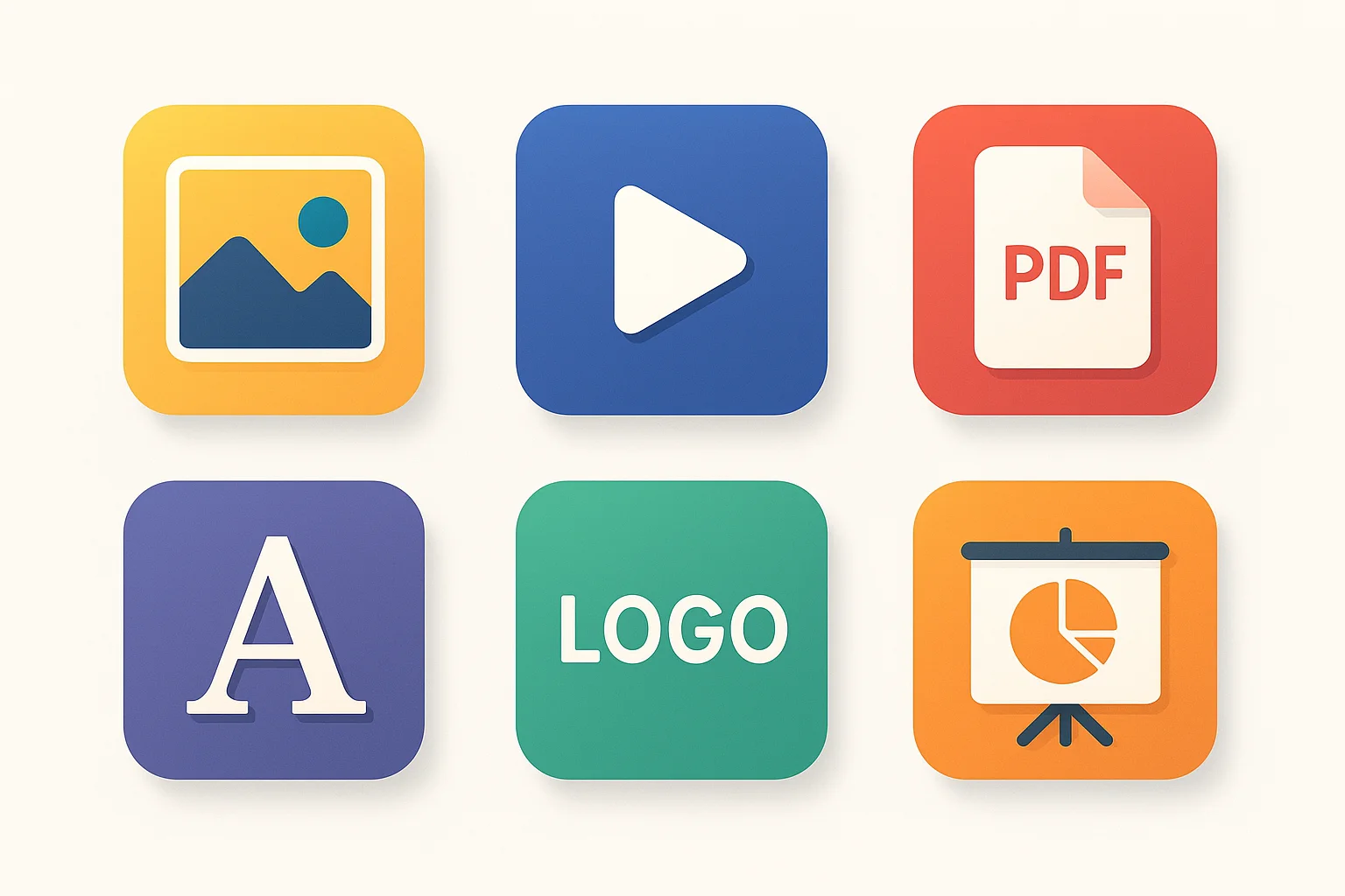 Grid of colorful file type icons image video pdf font logo p