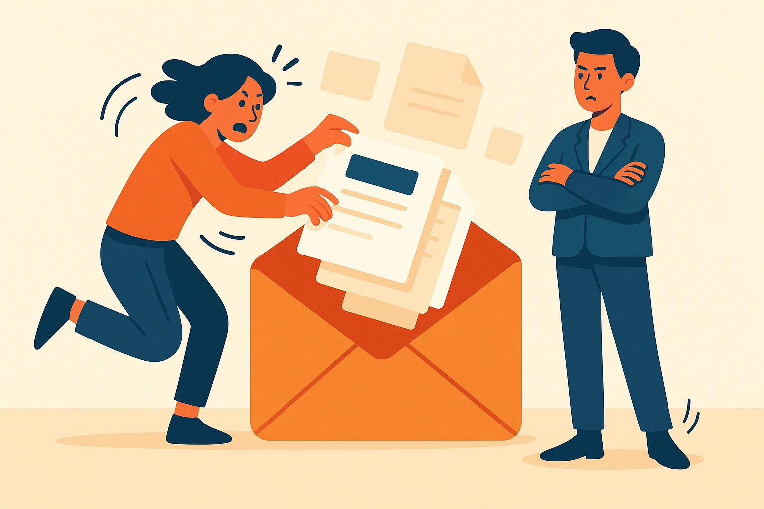 Illustration showing a person frantically packaging files in